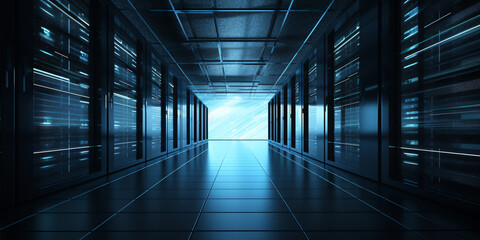 Big data technology and server center. Server Racks. Modern Telecommunications, Cloud Computing, Artificial Intelligence, Database, Super Computer Technology Concept. Server room or server computers