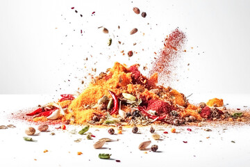 Ai generative. Explosion of different spices on a white