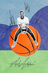 Vertical collage picture of impressed mini black white gamma guy sit huge basketball isolated on...