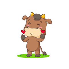 Cute Ox pose love hand sign cartoon character. Adorable animal concept design. Isolated white background. Vector illustration