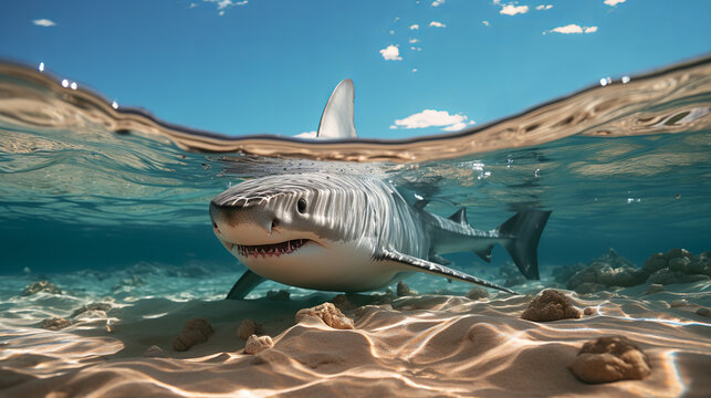 The shark swims in search of prey at shallow sea depths. Semi-underwater image. Generative Ai