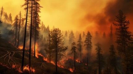 The forest fire burned many hectares of pine trees. Created with Generative Ai technology.