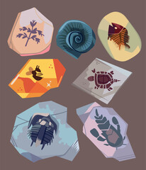 set of old rock illustration collection containing fossil skeletons of ancient animals and plants © erfan