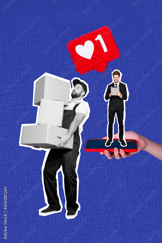 Poster vertical collage of arm hold smart phone display mini elegant guy use tablet like notification black