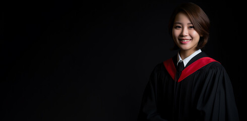 Fototapeta premium a smiling young woman wearing a prosecutor's robe clothes in black background generative ai