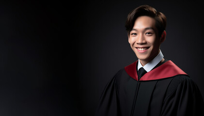 Obraz premium a smiling young men wearing a prosecutor's robe clothes in black background generative ai