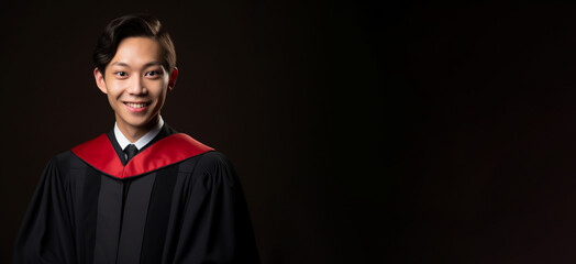 a smiling young men wearing a prosecutor's robe clothes in black background generative ai