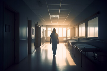 Back view of nurse walking through empty hospital corridor