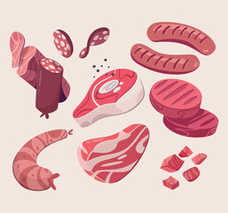 fresh meat and sausage collection set illustration