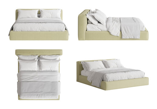 Set of four views of a light green modern bed with upholstered textile bedside and headboard, white bed linen, pillows, a blanket, and a gray half-quilt. Front, side, top, perspective views. 3d render