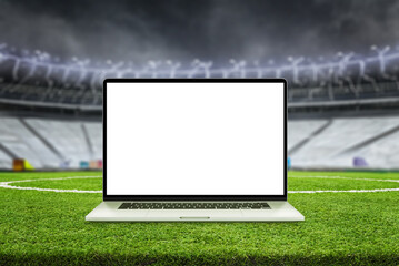 Laptop mockup on football field. Stadium stands in background. Isolated screen for app or web page...