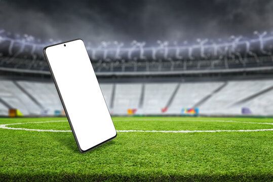 Phone mockup on football stadium. Isolated screen for app promotion. Grass field and stands in background