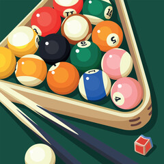 background for billiard tournament poster elements. Vector design of billiard balls on green table and triangular rack