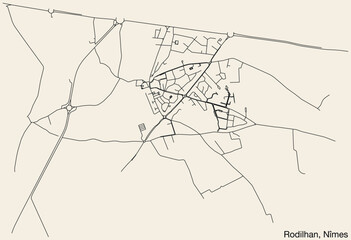 Detailed hand-drawn navigational urban street roads map of the RODILHAN COMMUNE of the French city of NÎMES, France with vivid road lines and name tag on solid background