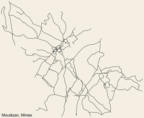 Detailed hand-drawn navigational urban street roads map of the MOULÉZAN COMMUNE of the French city of NÎMES, France with vivid road lines and name tag on solid background