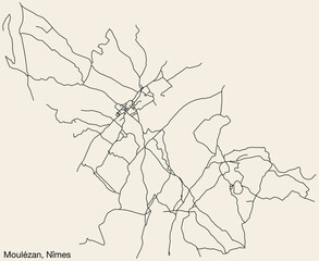 Fototapeta premium Detailed hand-drawn navigational urban street roads map of the MOULÉZAN COMMUNE of the French city of NÎMES, France with vivid road lines and name tag on solid background
