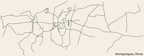 Detailed hand-drawn navigational urban street roads map of the MONTIGNARGUES COMMUNE of the French city of NÎMES, France with vivid road lines and name tag on solid background