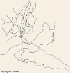 Detailed hand-drawn navigational urban street roads map of the MONTAGNAC COMMUNE of the French city of NÎMES, France with vivid road lines and name tag on solid background