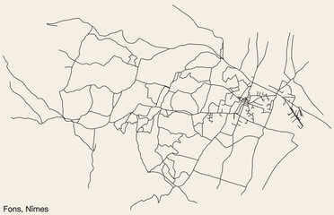 Detailed hand-drawn navigational urban street roads map of the FONS COMMUNE of the French city of NÎMES, France with vivid road lines and name tag on solid background