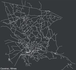 Detailed hand-drawn navigational urban street roads map of the CAVEIRAC COMMUNE of the French city of NÎMES, France with vivid road lines and name tag on solid background