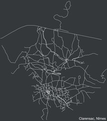 Detailed hand-drawn navigational urban street roads map of the CLARENSAC COMMUNE of the French city of NÎMES, France with vivid road lines and name tag on solid background
