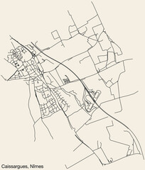 Detailed hand-drawn navigational urban street roads map of the CAISSARGUES COMMUNE of the French city of NÎMES, France with vivid road lines and name tag on solid background