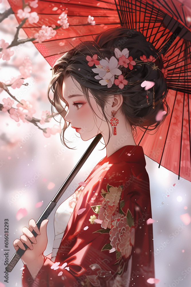 Wall mural Generative ai. Geisha in kimono with umbrella spring flowers