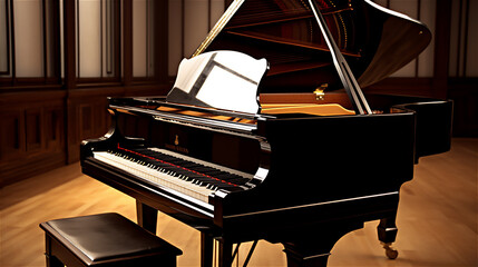 Fototapeta premium Photo of a black Piano in a Concert hall. Music Lovers Background