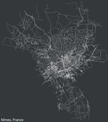 Detailed hand-drawn navigational urban street roads map of the French city of NÎMES, FRANCE with solid road lines and name tag on vintage background