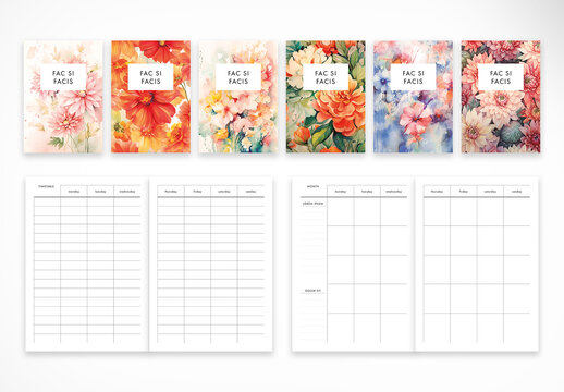 Non-dated Planner with Watercolor Flowers Illustrations