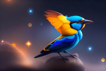 A colorful bird sits on a branch with a person's hand.  AI Generative