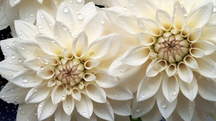 White Dahlia flowers with water drops background. Closeup of delicate blossom with glistening droplets. Generative AI