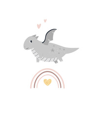 Colorful kids illustration with flying dragon and rainbow.