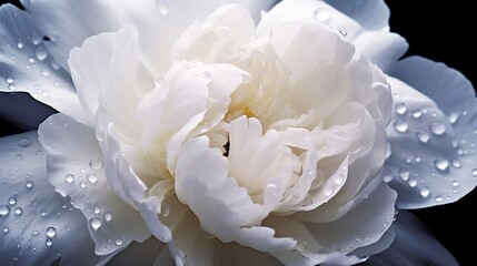 White Peony flowers with water drops background. Closeup of blossom with glistening droplets. Generative AI