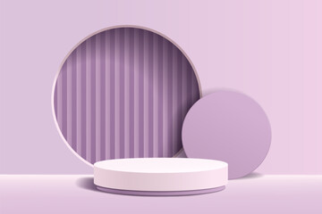 White and purple 3D cylinder podium with minimal geometric circle shape scene background