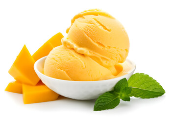 mango ice-cream with mint on white background - obrazy, fototapety, plakaty