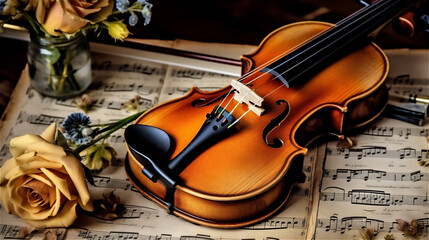 Fototapeta premium Amazing Photo of a Violin with Roses . Music lovers Background.