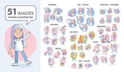 Mega set concept illustration. A collection of scenes featuring women in various industries. Business, leisure, sports, delivery, job, travel, spa, gardener. illustration mega set. Vector illustration