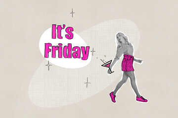 Creative collage image of smiling happy lady walking friday event isolated beige color background