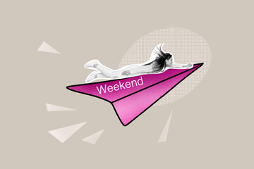 Collage minimal picture of excited funny lady flying paper plane meet weekends isolated grey color...