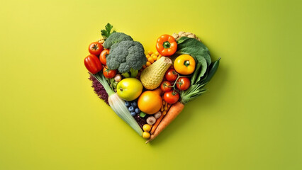 Heart of fruits and vegetables, healthy food and nutrition concept.