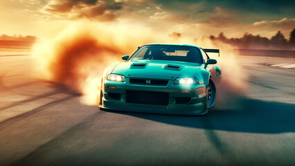 A drift car with lots of smoke from burning tires on speed track. - obrazy, fototapety, plakaty