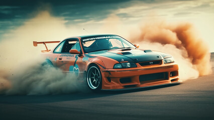 A drift car with lots of smoke from burning tires on speed track.