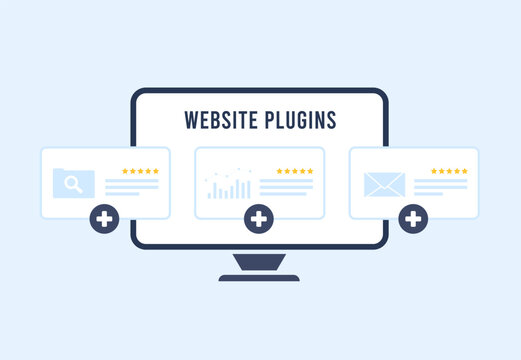 Website plugin concept - enhance ecommerce CMS with extensions. Improve digital marketing with SEO plugins and web developer extensions. Flat design vector illustration