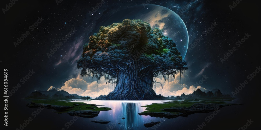 Wall mural fantasy fairytale sphere island floating in universe of night sky. superlative generative ai image.