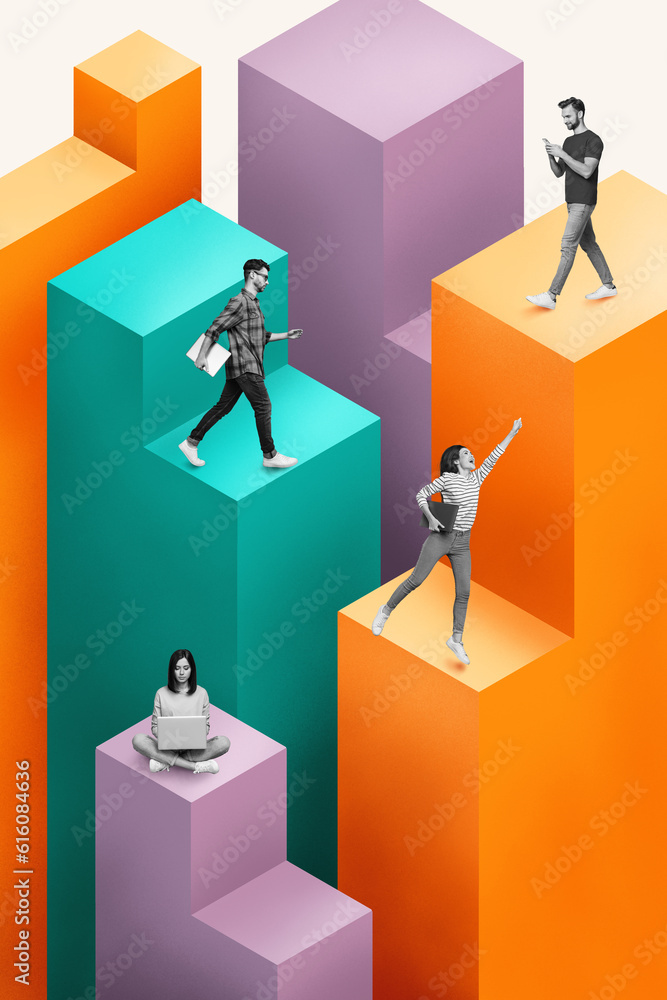 Poster vertical collage of mini black white effect people use netbook smart phone jump walk platform isolat