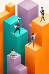 Vertical collage of mini black white effect people use netbook smart phone jump walk platform...