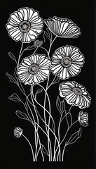 Black and white floral pattern with leaves, flower bouquets. White flowers and black background. AI Generated
