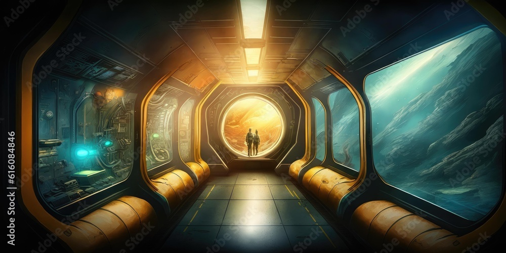 Poster futuristic interior of spaceship inside of hallway. superlative generative ai image.