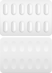 Mockup Film Coated Tablets Pill Blister. Drugs From Depression Or Flu, Influenza, Flue, Grippe. Illustration Isolated On White Background. Mock Up Template Ready For Your Design. Vector EPS10